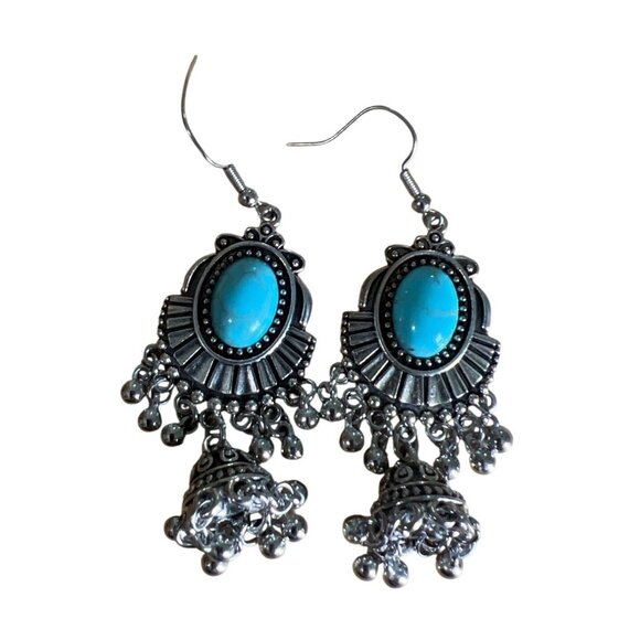 Turquoise Style Earrings Silver‎ Tone costume Southwestern Cowgirl Rodeo Boho - Picture 1 of 7
